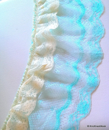 Wholesale Blue And Beige Floral Net Lace Trim Ribbon 16cm wide, Trim By 9 Yards, Fringe Trim Blue Decorative Lace Craft Ribbon